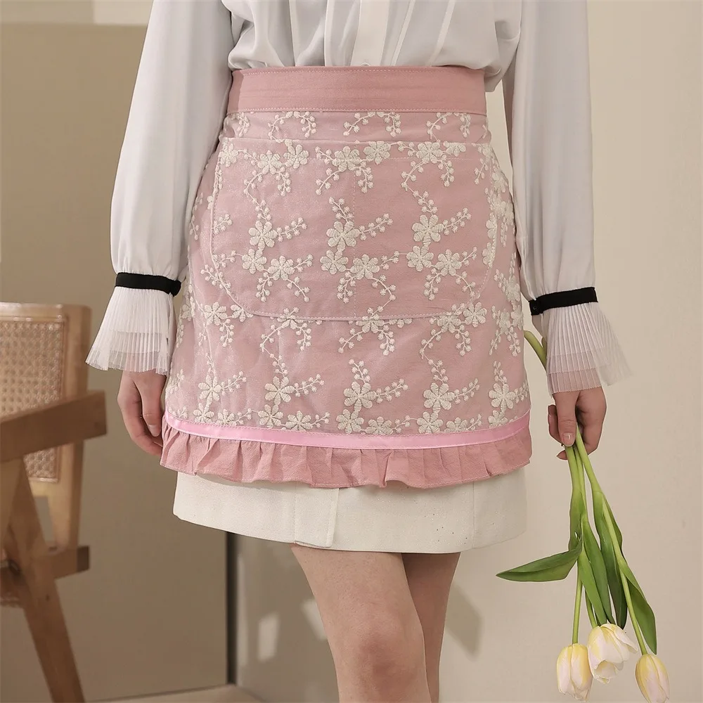 New Lace Embroidered Ruffled Half Apron Dual Pockets Washable Waist Apron Kitchen Anti-fouling Work Apron