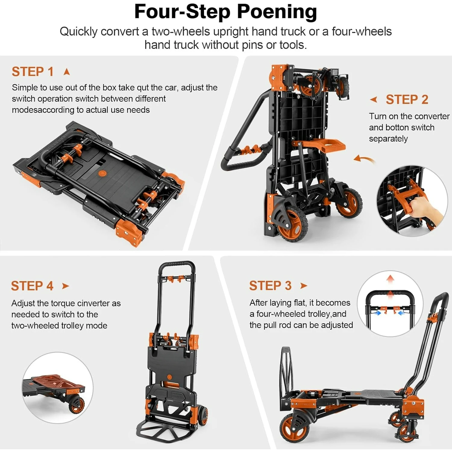 330 رطل شاحنة يدوية قابلة للطي دوللي متحركة، شاحنات يدوية مجموعة شديدة التحمل مكونة من 4 عجلات وعجلتين عربة دوللي قابلة للتحويل (برتقالي) #3