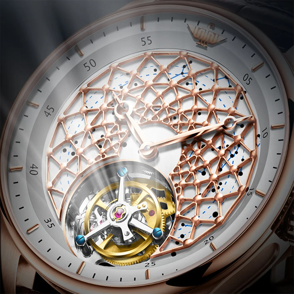 OUPINKE 8002 メンズ腕時計 自動巻き機械式トゥールビヨンウォッチ ﻿   男性用防水夜光腕時計 オリジナル高級クリスタルギフト