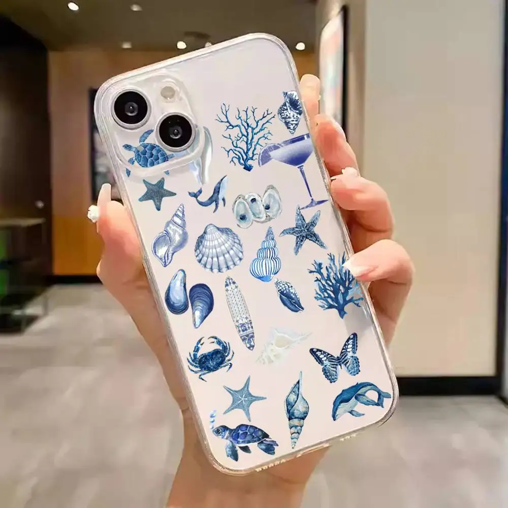 1pc Ocean Life Phone Case Transparent For IPhone 17 16 15 14 13 12 11 PRO MAX PLUS Mini Soft Skin-friendly Cover