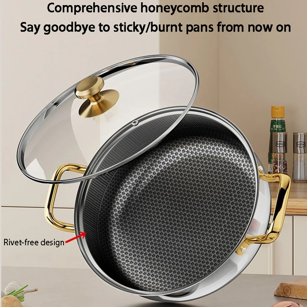 28cm Stainless Steel Soup Pot Wok Non-stick Honeycomb with lid Household Hot Pot Induction Cooker Gas Stove Universal Frying Pan