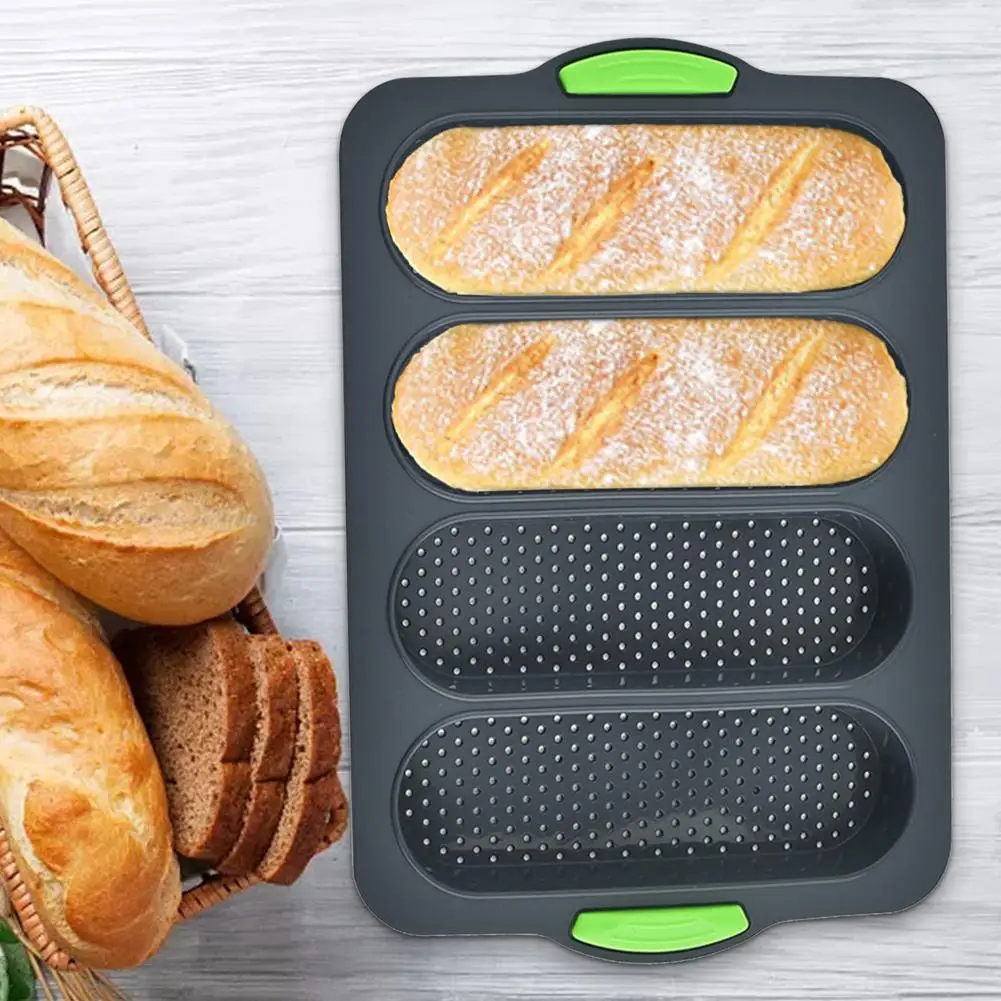 Silicone Bread Baking Mold Non-stick Perforated Fench Bread Forms Tray Baguettes Loaf Baking Pan Bakery Tools 4 Grids