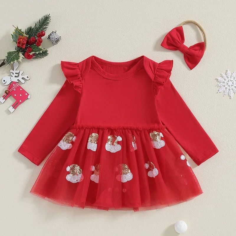 

Комбинезоны для маленьких девочек SUNSIOM, платье, рождественская одежда, рождественская елка с блестками/шляпа Санты, многослойные тюлевые боди с длинными рукавами, повязка на голову