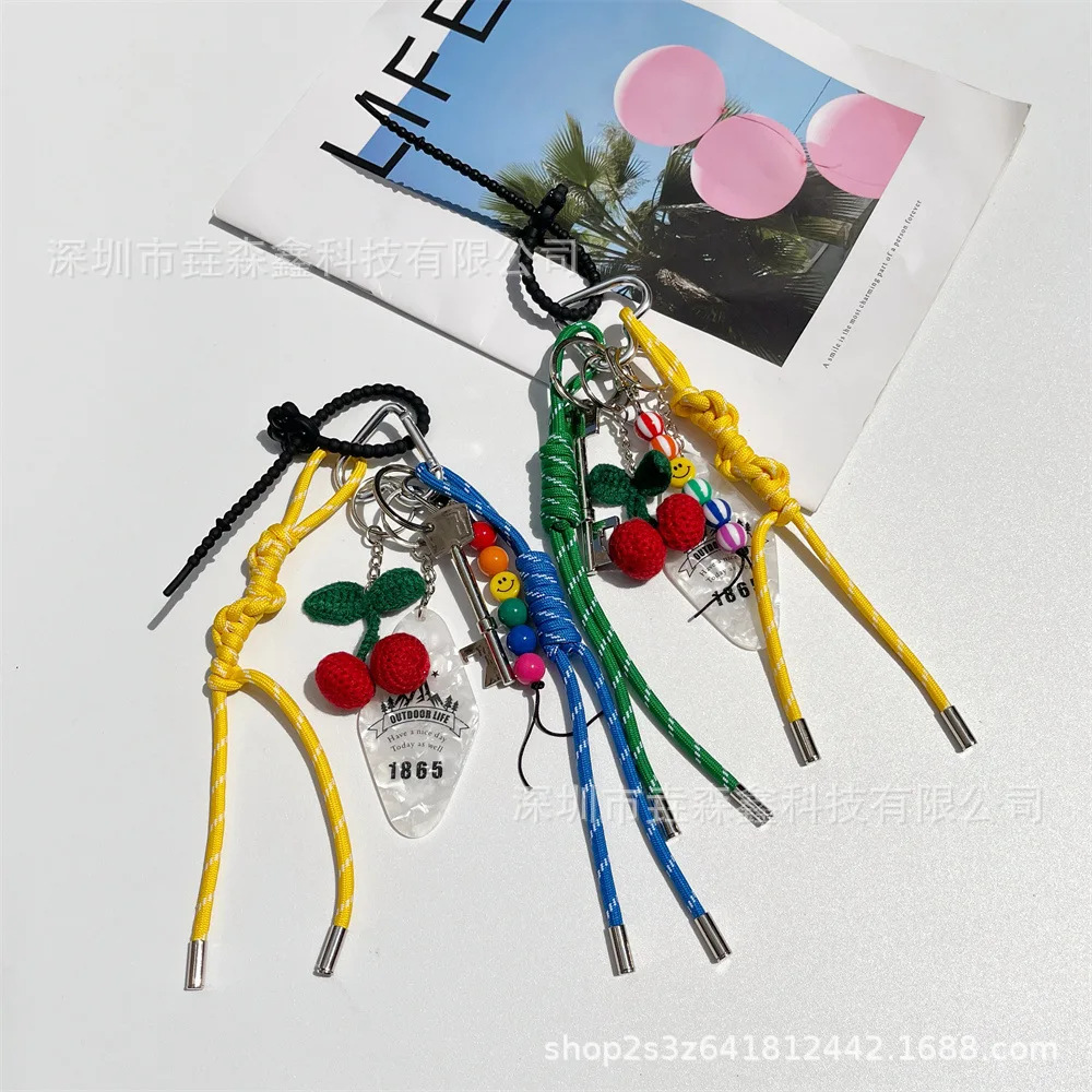 Original DIY Self-made Style pendant colored rope bag pendant smiley face rainbow beaded cherry bag pendant keychain