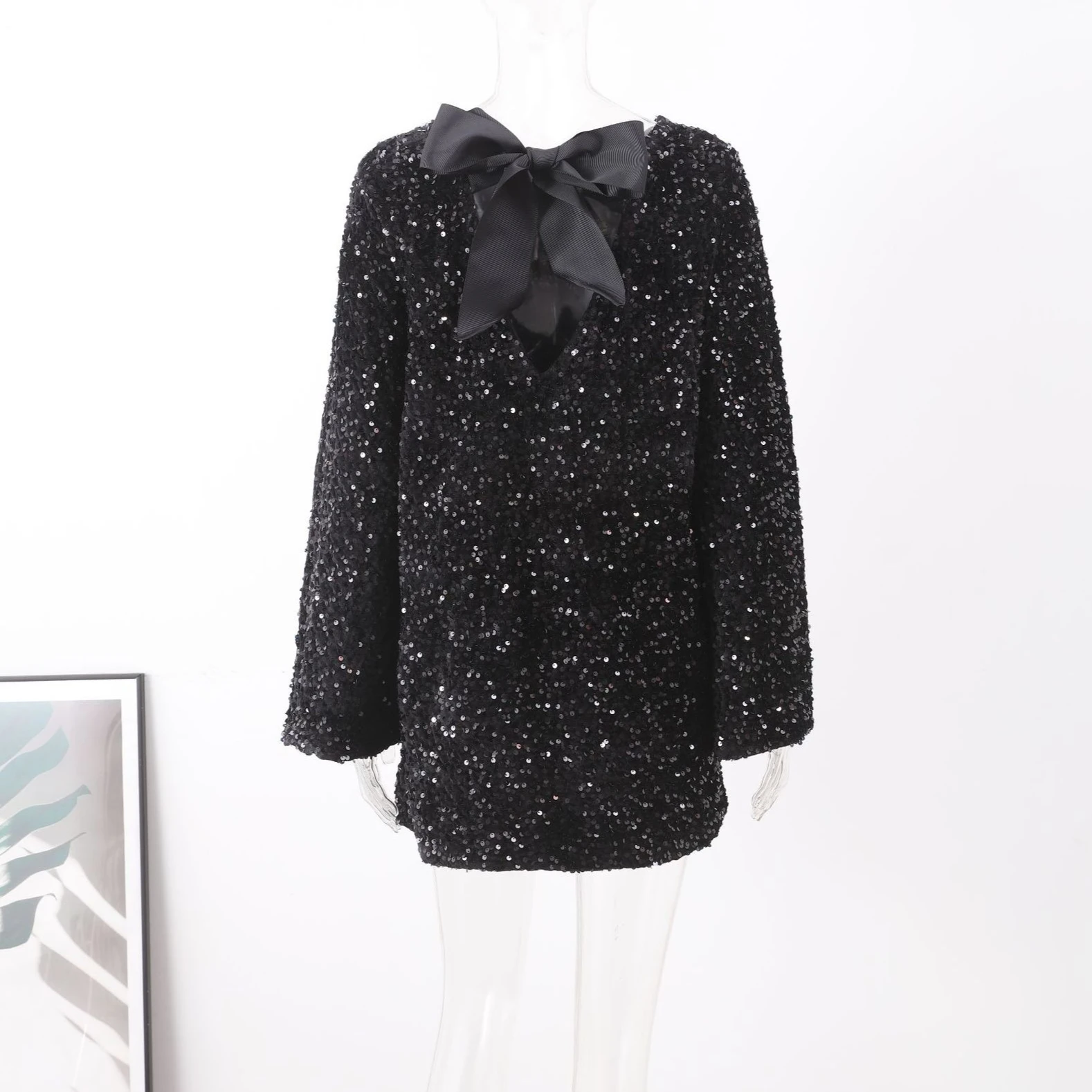 

Sequined Round Neck Mini Dress With Long Sleeves Back Knot