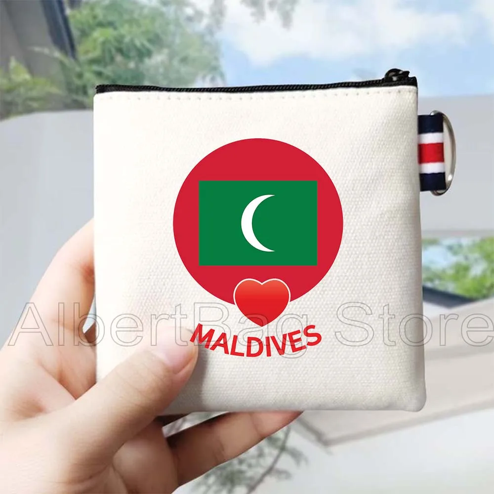 Summer Beach Holiday Maldives Maldivian Flag Map Gifts Canvas Coin Purse Bag Small Square Wallet Key Storage Card Bag Zip Pouch