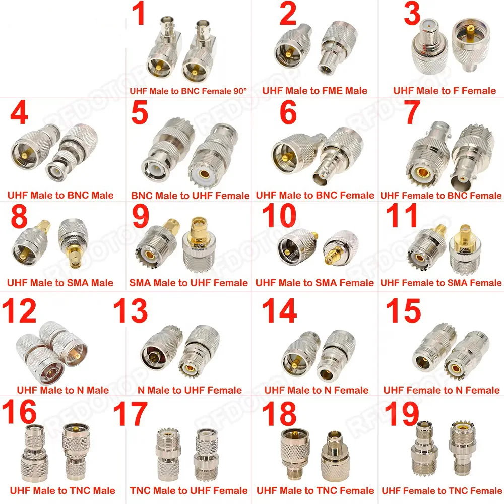 1 SZTUK UHF SO239 PL259 Złącze SL16 UHF SO-239 PL-259 Męskie żeńskie do SMA/ Q9 BNC/ L16 N/ TNC/ F/ FME Wtyczka do Jack 90 Adapter koncentryczny