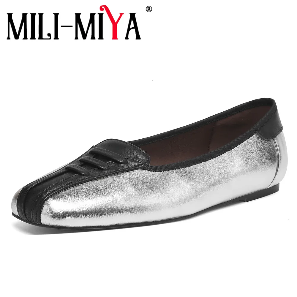

MILI-MIYA/женские туфли из натуральной кожи на плоской подошве с квадратным носком и разноцветными повседневными туфлями без шнуровки ручной работы для женщин