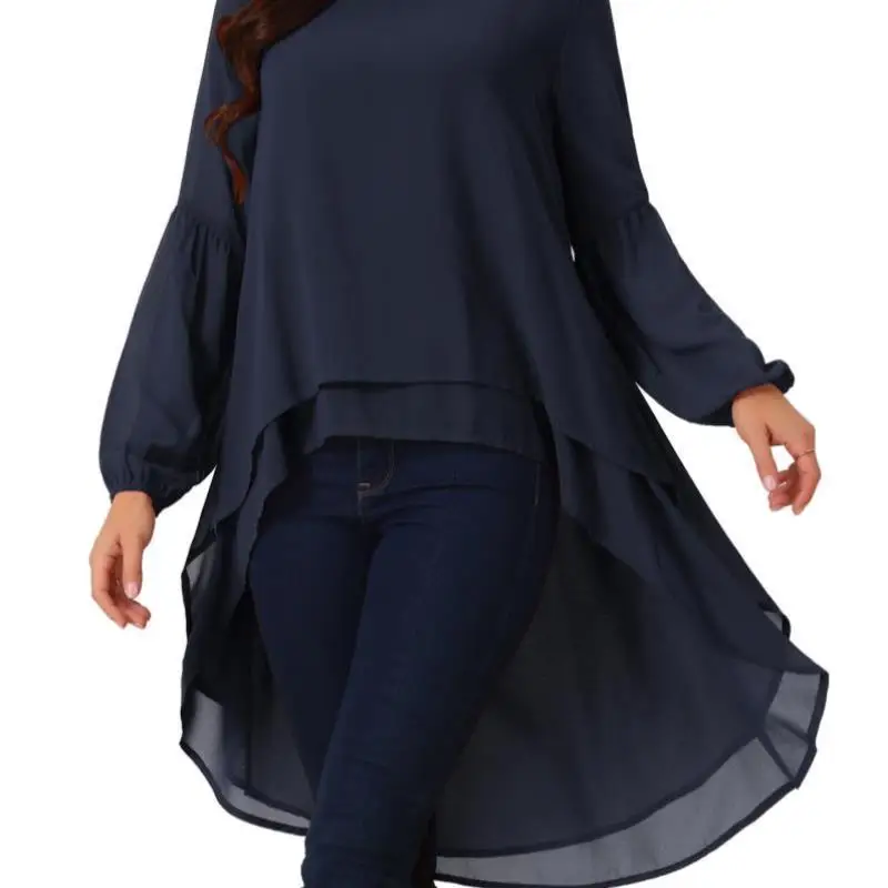 

Irregular Chiffon Top Women's Cleanfit Style PU Leather Fabric Snowflake Print Loose Fit Long Sleeve Lace Shirt for Winter