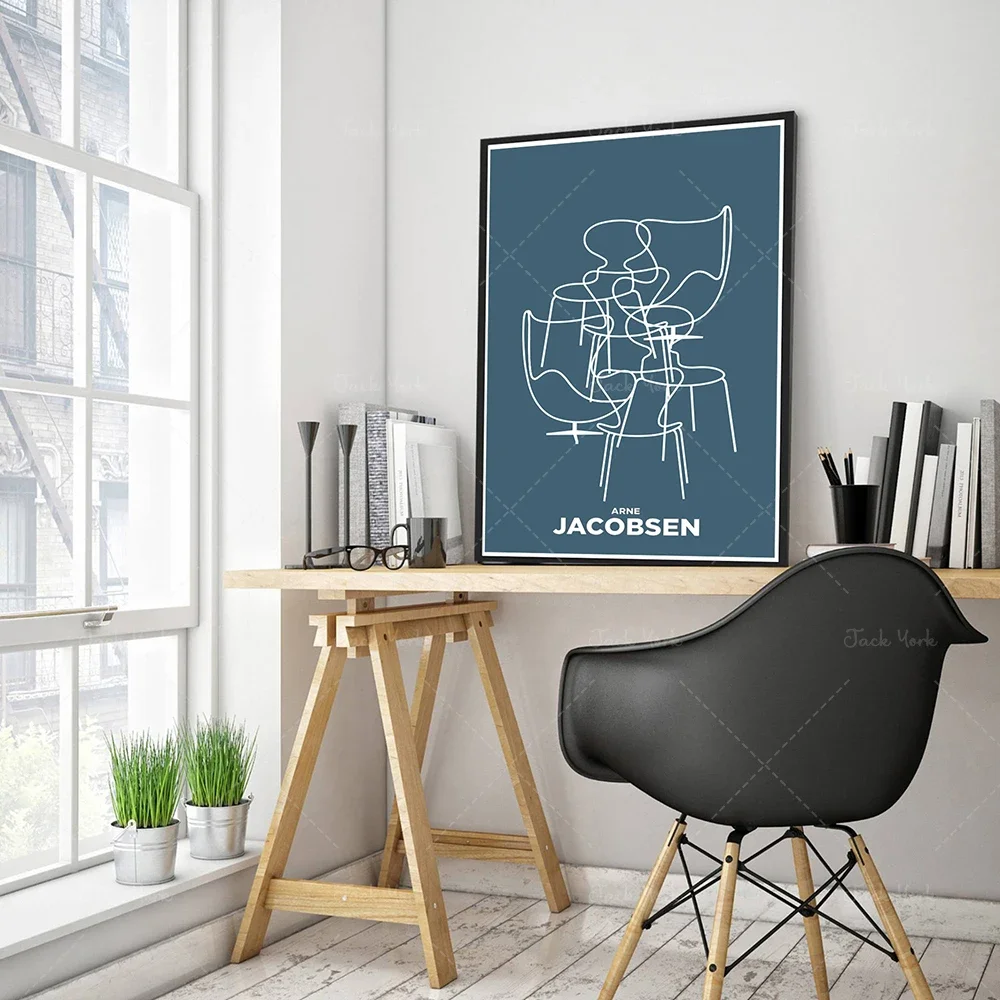 Arte de pared de mostaza con dibujo lineal, impresión de silla de Arne Jacobsen, cartel minimalista Bauhaus, impresión de arte lineal de muebles modernos de mediados de siglo