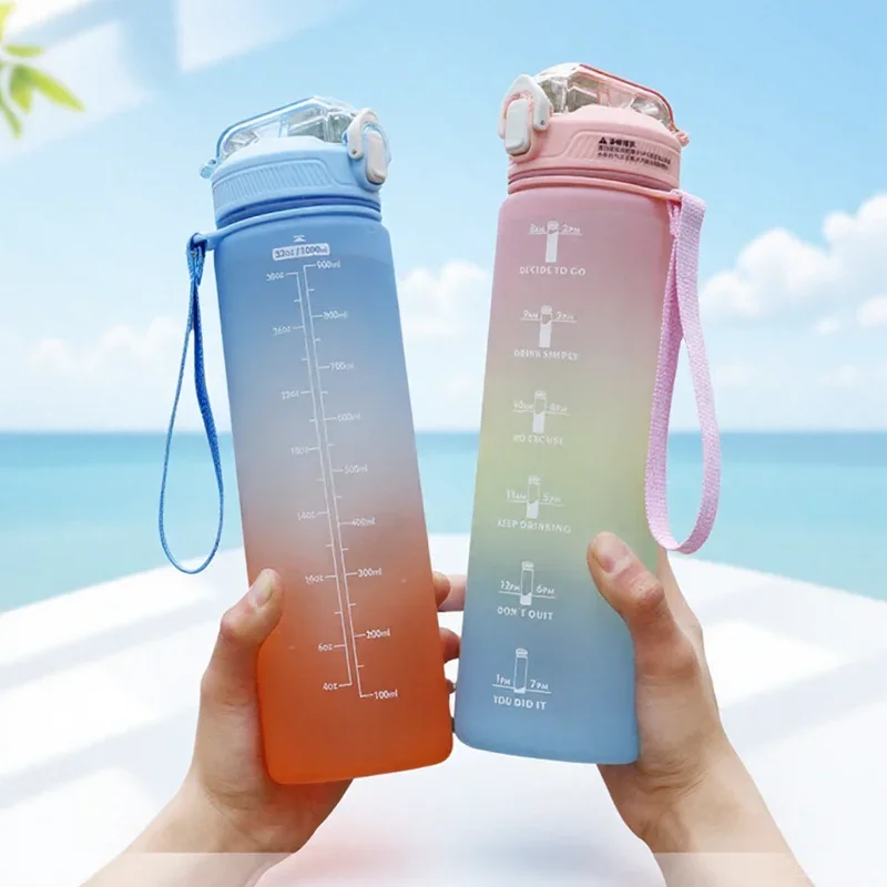 

1000ML Sports Bottle with Time Scale Outdoor Gradient Color Drinking Bottle Portable Fitness Motivational Straw Mug