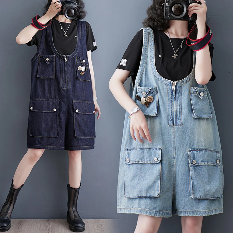 

Denim Jumpsuits Korean Fashion Playsuits One Piece Outfits Women Clothing Oversized Five-point Shorts Big Pocket Wide Leg Pants