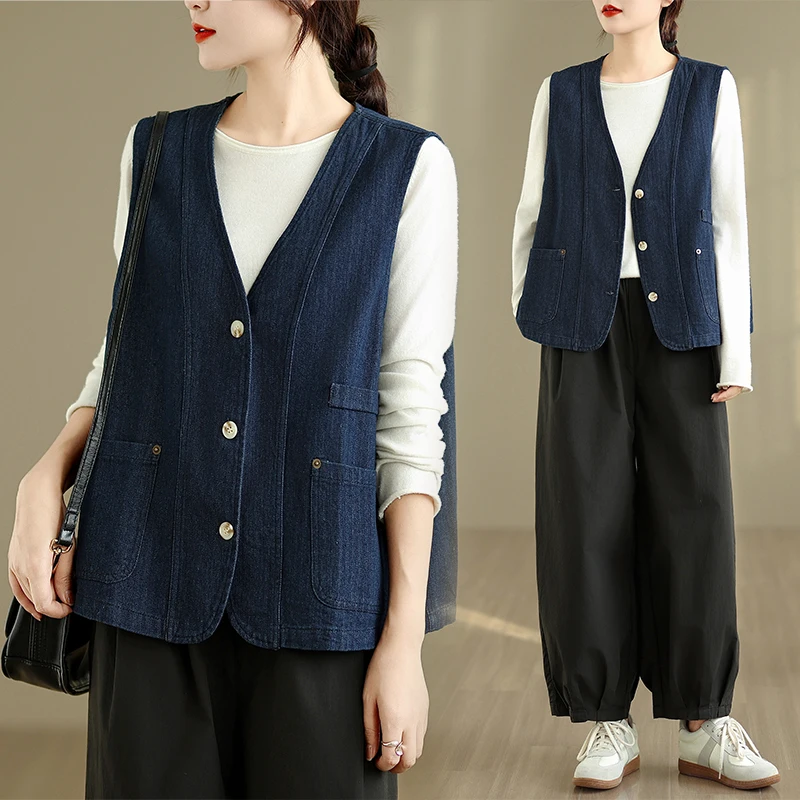 

Blue Slimming Casual Loose V-Ne Denim Vest Spring Autumn Lightweight Versatile Cotton Blend ort Length Single Button