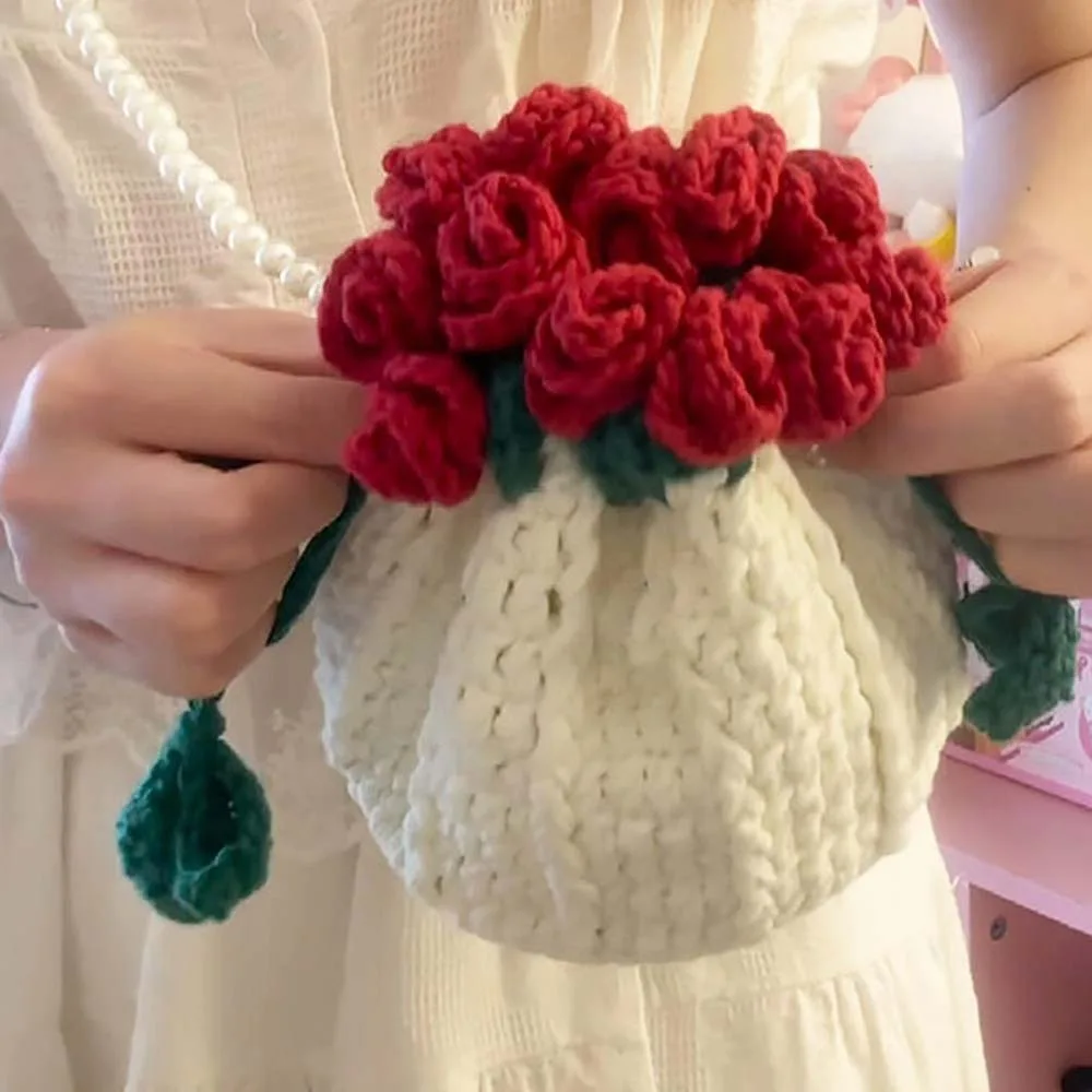 

Creative Bucket Pouch Material Kit Soft Handmade Woven Craft Crocheted Bouquet Handbag Unfinished Large Capacity