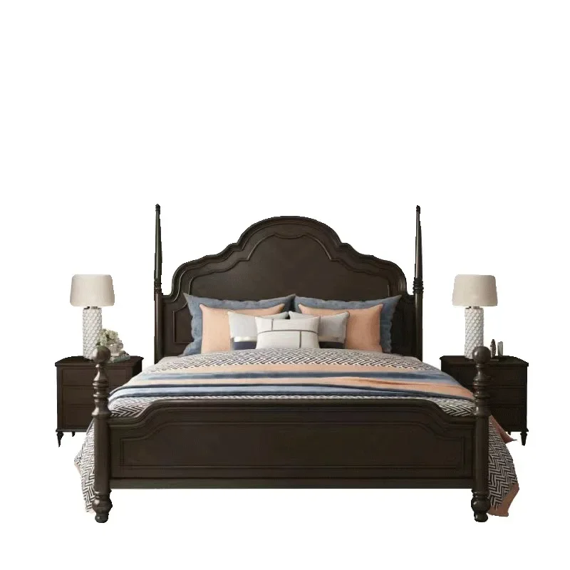 

American solid wood bed French smoked black light luxury master bedroom double bed retro American bed modern simplicity