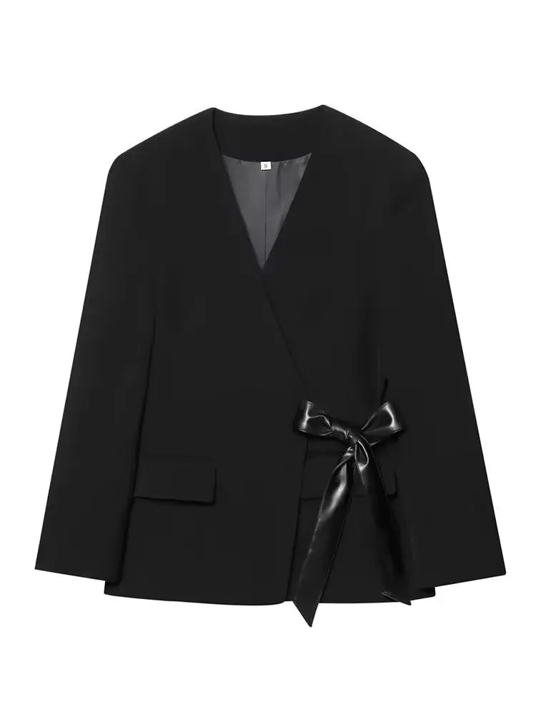 

HH Woman Fashion Autumn V Collar Shoulders Pocket Long Sleeves Ribbon Bow Decoration Blazer Female Casual Elegant Slim Fit Suit