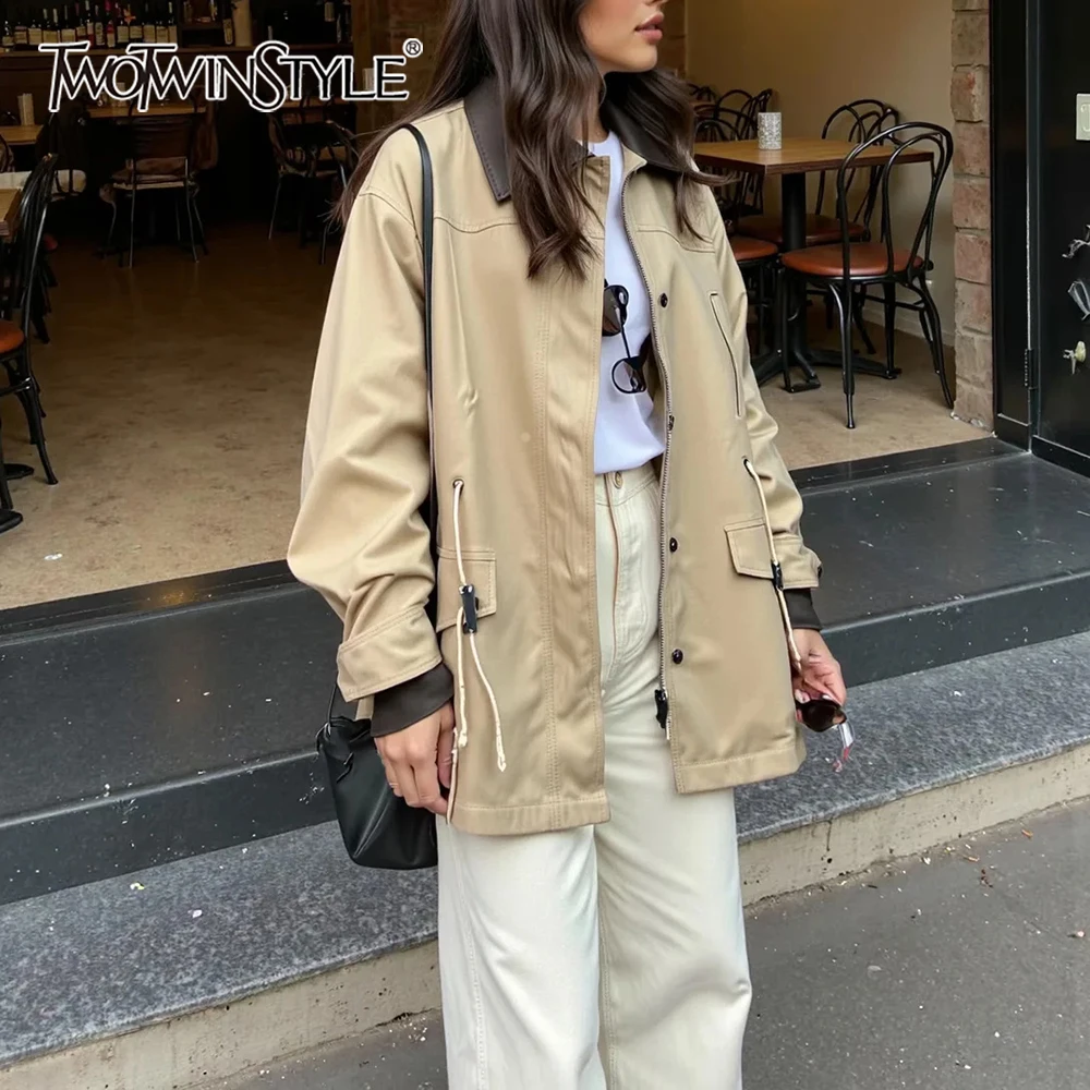 

TWOTWINSTYLE Basics хаки утягивающая куртка для женщин с лацканами и длинными рукавами на шнурке осеннее модное пальто женское новое стильное