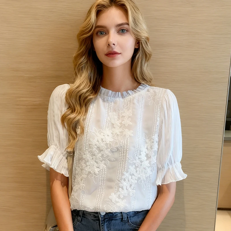 Short Sleeve Embroidery Chiffon Women Blouse Casual Elegant White Stand Collar Tops Summer Hollow Out Shirt