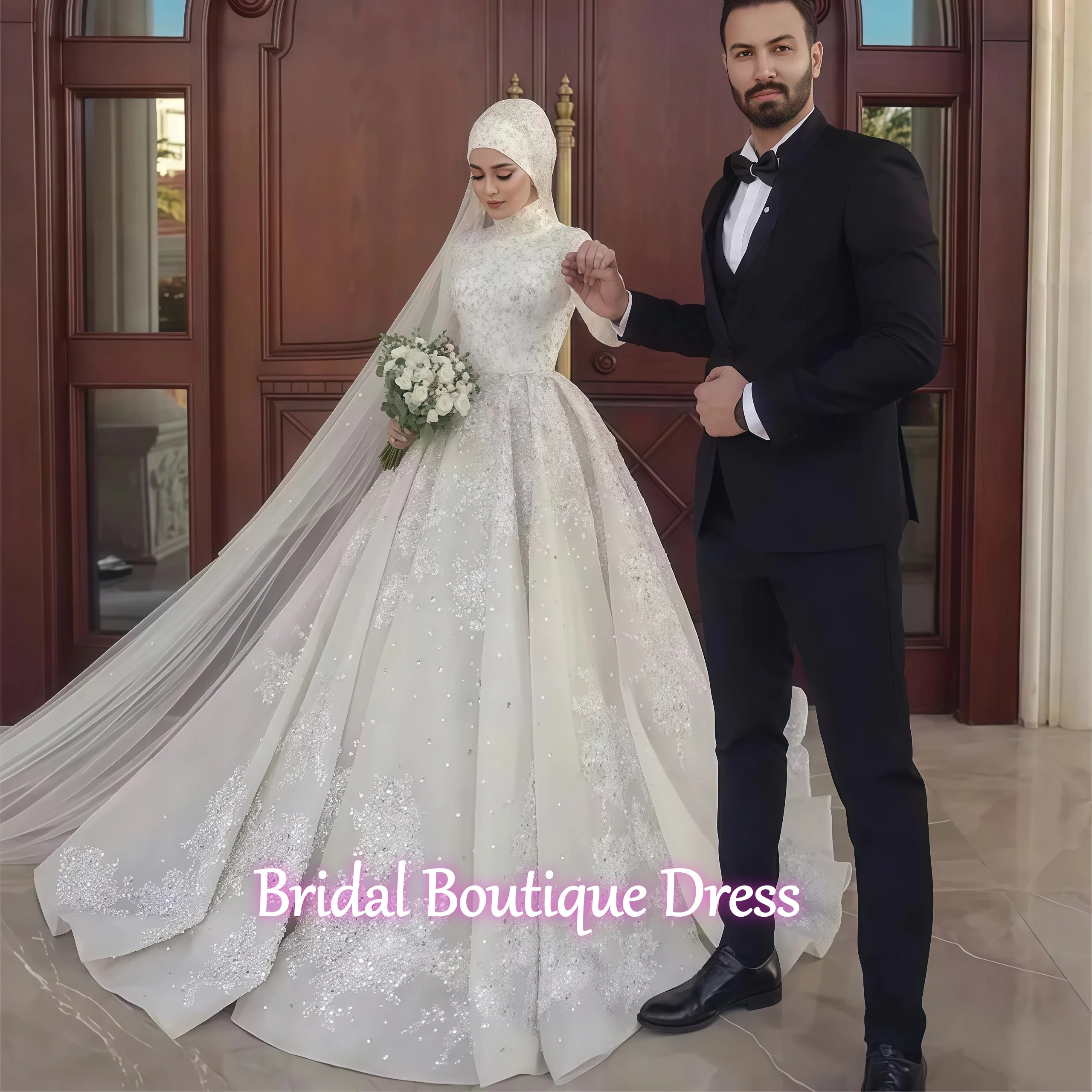 Abito da sposa in rilievo con paillettes squisito personalizzato per la sposa collo alto Dubai arabo Hijab abito da sposa musulmano Robes De Mariée