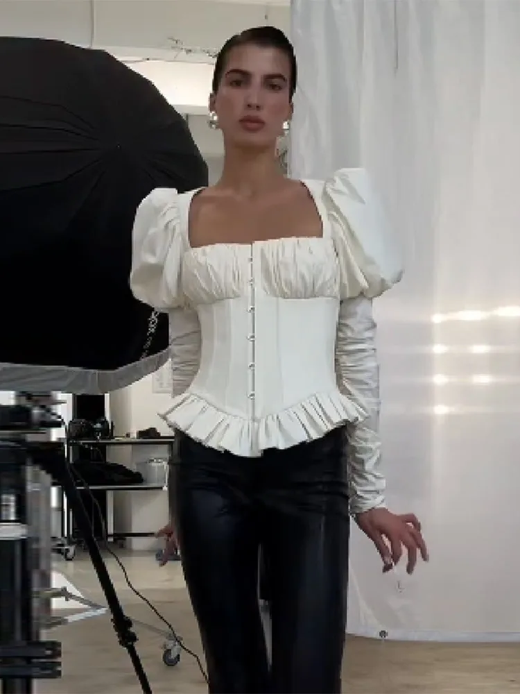 

Women's High End Puffe Sleeves Backless Lace Up Blouse Fishbone Pleated Hem Top Square Neck 2026 Exquisite Unique Stylish Corset