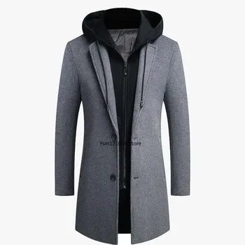 Winter nieuwe heren business casual kasjmier jas met capuchon verdikt warm laat twee stukken windjack grijze capuchon