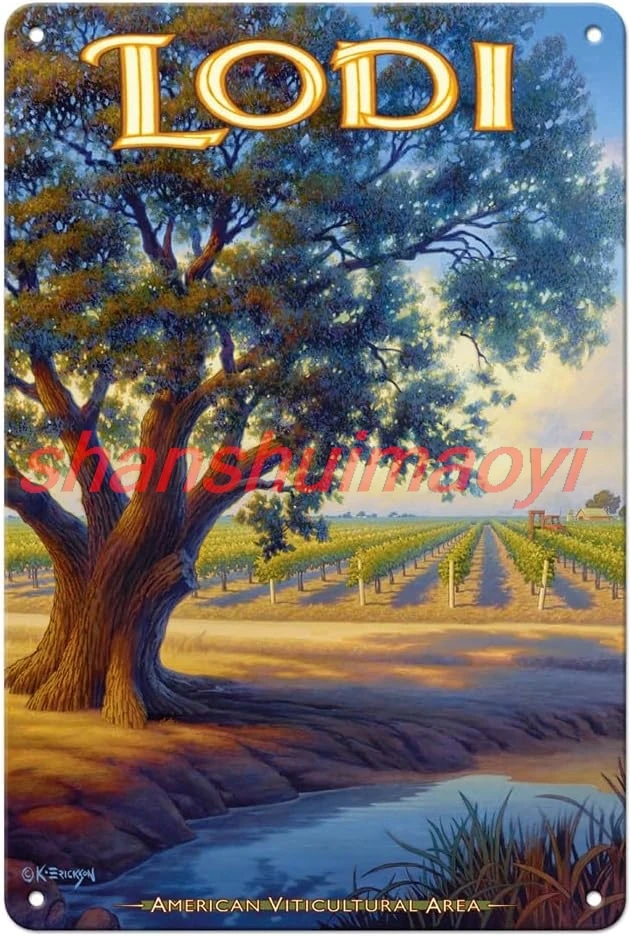 Lodi Wineries - Valley Oak (Quercus lobata) - California Vineyards Wine Country Art de Kerne Erickson - Letrero Vin sha de 8 x 12 pulgadas