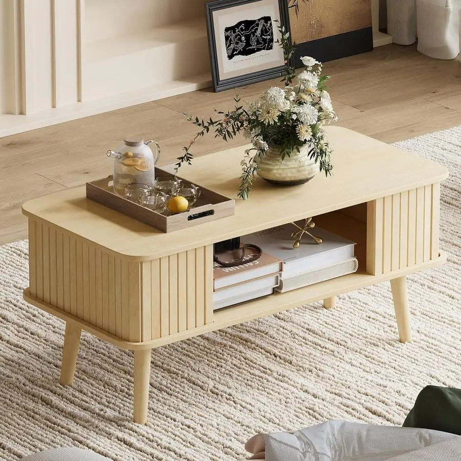 

Coffee Table with Storage Center Table for Living Room Rectangle Coffee Table with Rounded Edges,Easy Assembly, Natural Wood