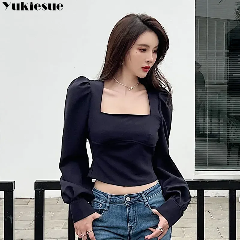 Vintage Spring Clothes Design Popular Streetwear Ins T-shirts Women Square Collar Slim Harajuku Puff Sleeve French Style Ladies