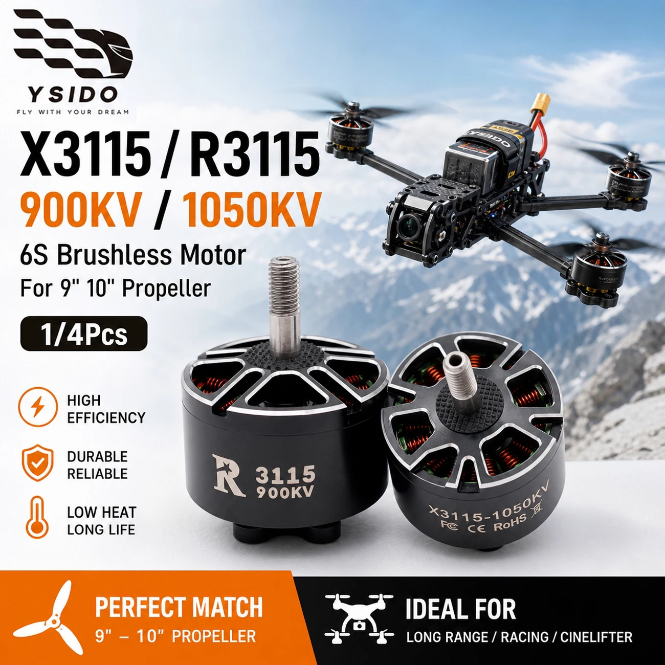 1/4Pcs YSIDO X3115 R3115 900KV 1050KV 6S Brushless Moto for 9'' 10'' Propeller RC FPV Long Range Racing Cinelifter RC Drone Part