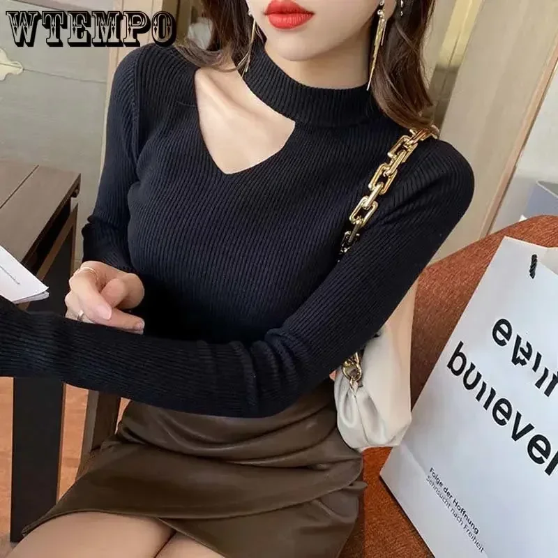 Sweter Tipis Hollow-Out Kerah Setengah Tinggi Wanita Ramping Pullover Rajutan Ketat Atasan Lengan Panjang Kemeja Bottoming Kasual Manis Seksi