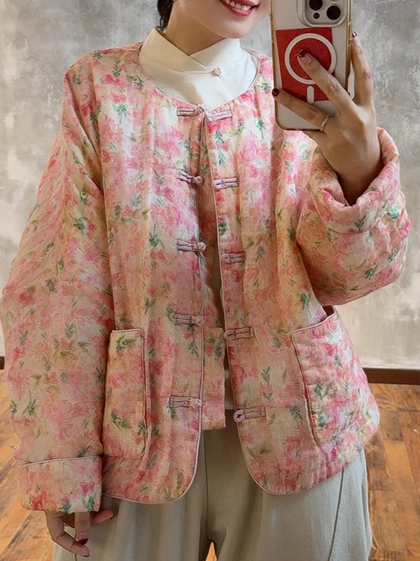 

Authentic New Chinese Sle Cotton Jaet Winter Warm Floral Print Coat Button up Loose Fit Thiened Long Sve Ladies' Com...