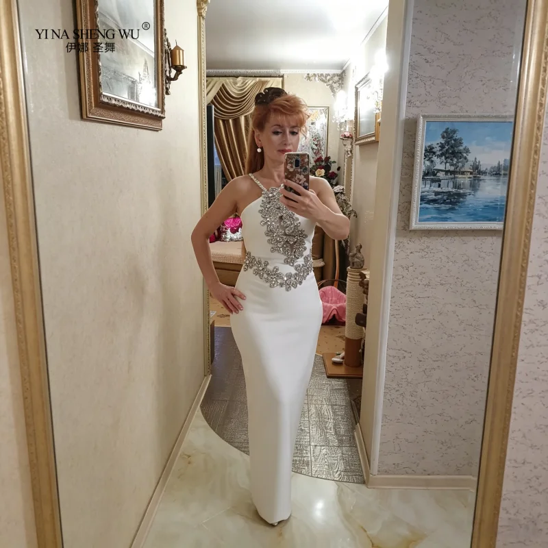 Sexy Backless Shiny Crystal Diamonds White Bodycon Bandage Dress Women Celebrity Elegant Evening Club Party Birthday Dresses