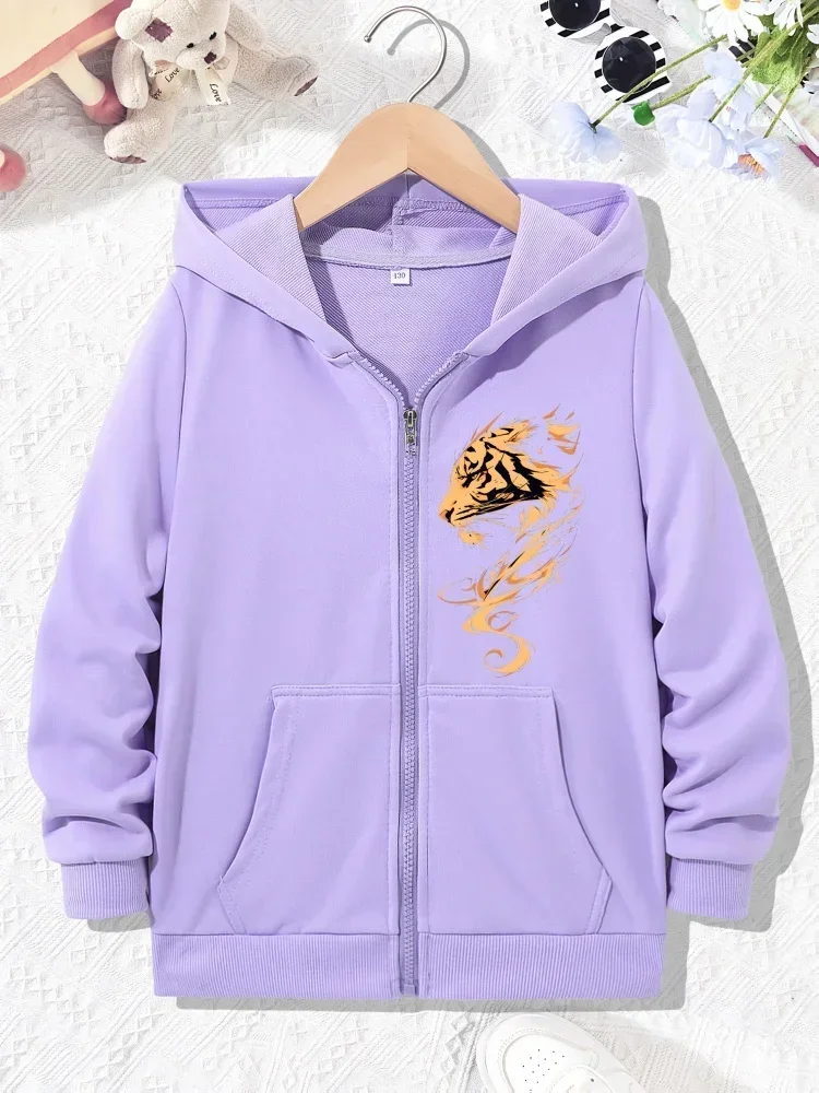 Kids Girls Dynamic Golden Tiger Flame Zip Hooded Coat Loose Long Sleeve Outdoor Street Style Outer Top