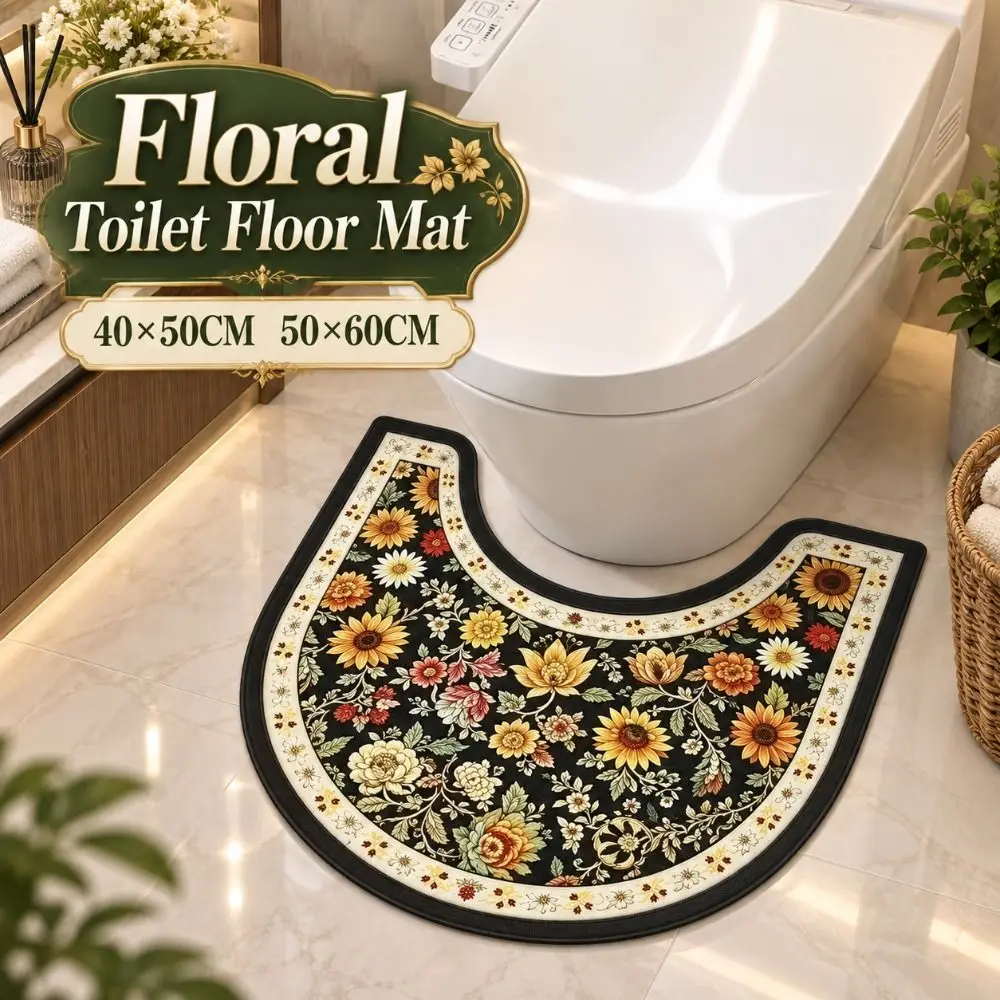 Practical Floral Pattern Toilet U-shaped Mat Absorbent Quick-dry Bathroom Floor Rug Non-slip Washable Bath Mat Household