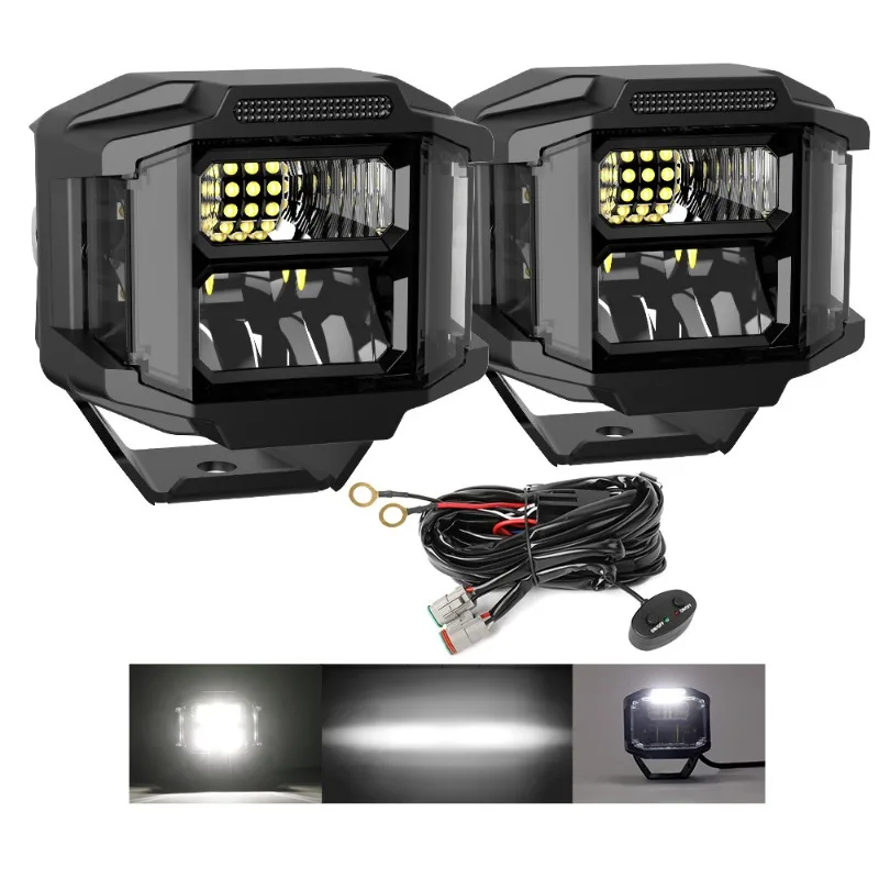 Steam off-road vehicle spotlights, truck spotlights, three-sided luminous spotlights 3-inch A-pillar spotlights