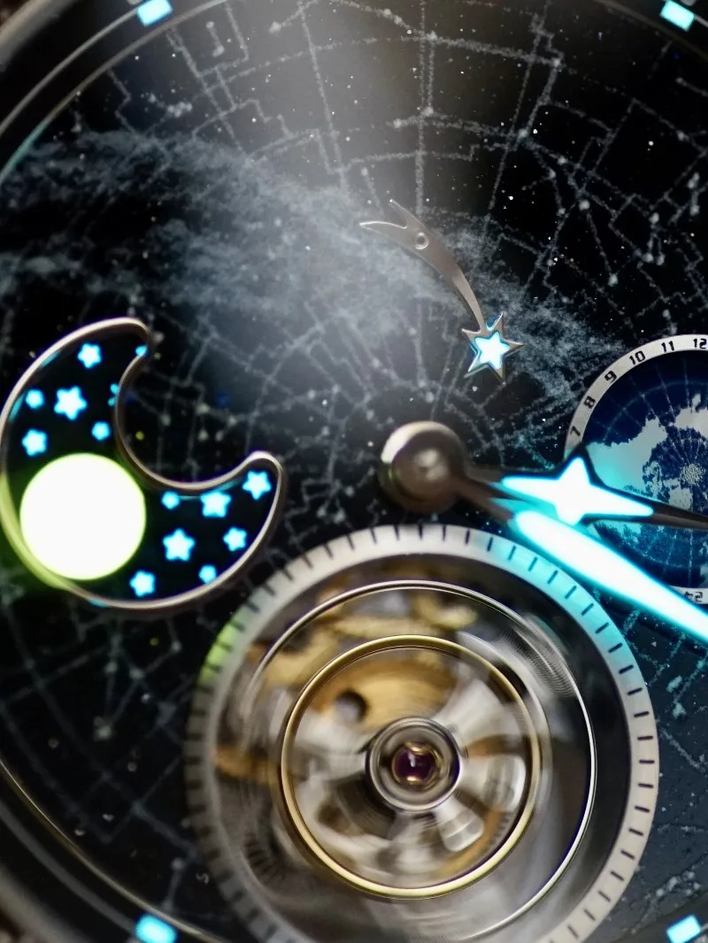 Watch Custom Fashion Niche Starry Sky Earth Moon Phase Moving Tourbillon Automatic Mechanical Watch Luminous view 4