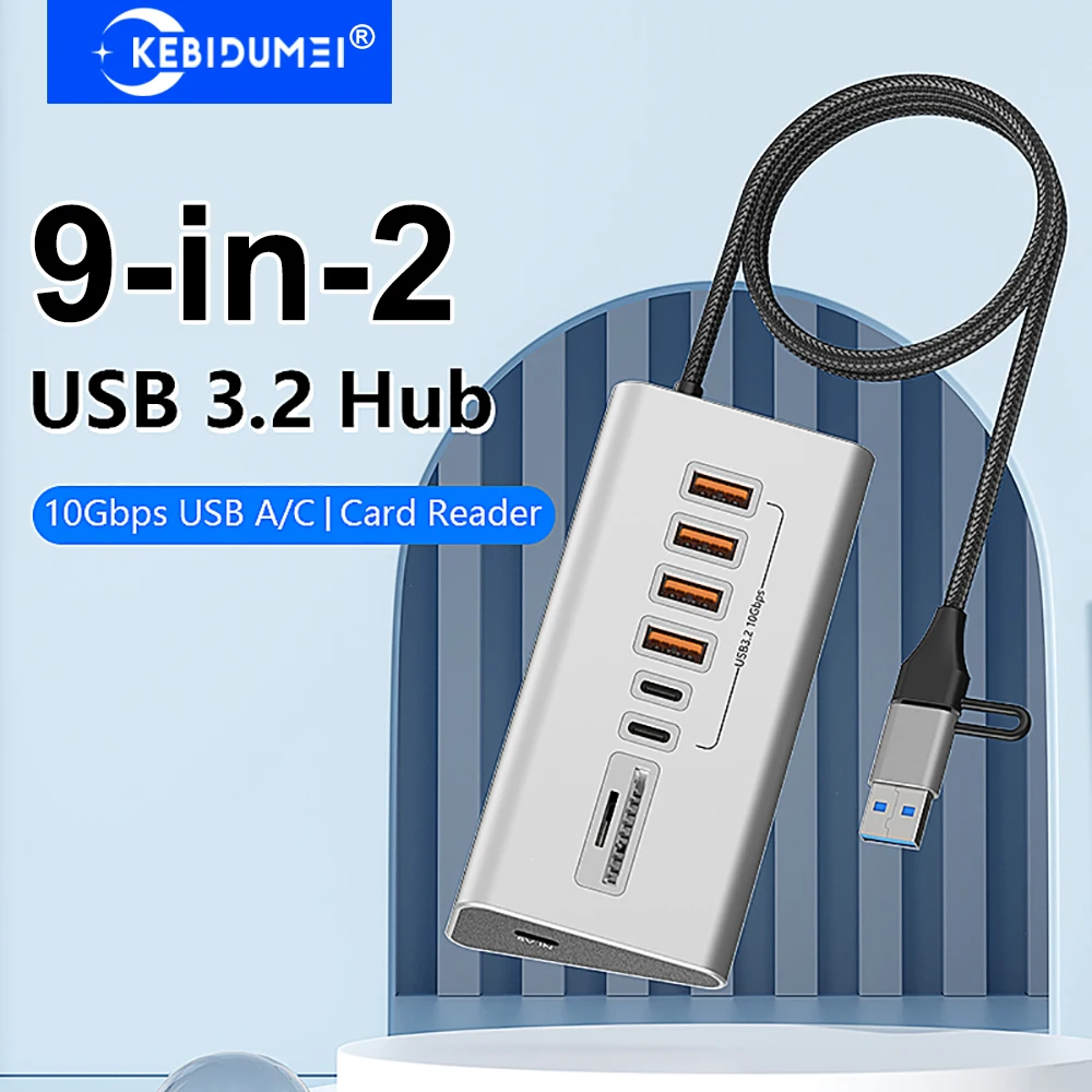 

9-in-2 USB 3.2 HUB 10Gbps Data Transfer Aluminum Alloy USB Docking Station USB Splitter with Card Reader For PC Laptop Macbook