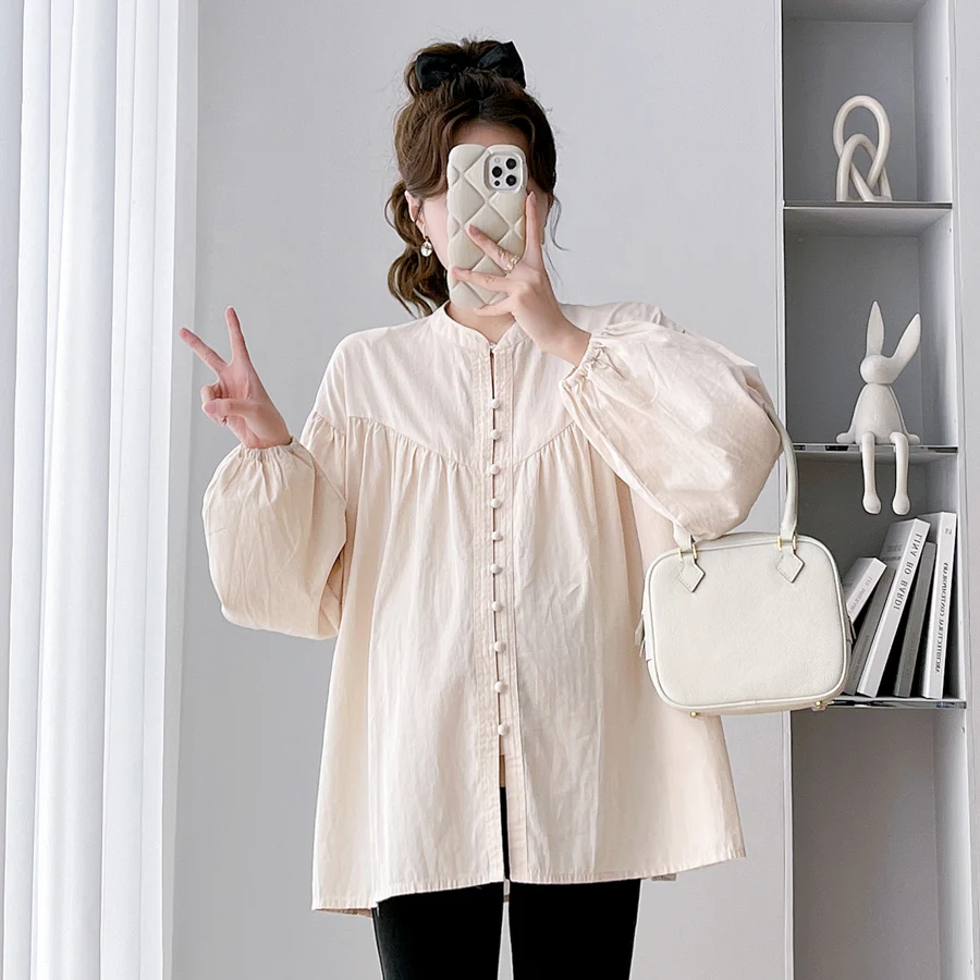 2024 Spring Fashion Maternity Tees Shirts Plus Size Long Sleeve Button Fly Pregnant Woman Blouses Loose Pregnancy Clothes Tops