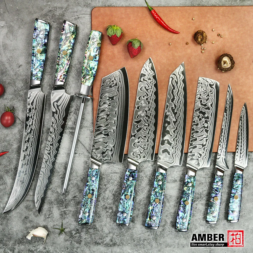 Amber western knifes set 45-layer Damascus Steel 9Cr18MoV core kitchen knife set with Abalone Shell Transparent Resin Handle