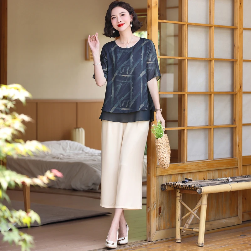 Middle-aged Women Clothing Summer 2 Piece Sets Womens Printed cardigan Short Sleeve Button  and Harem Pants Loose Woman Suit