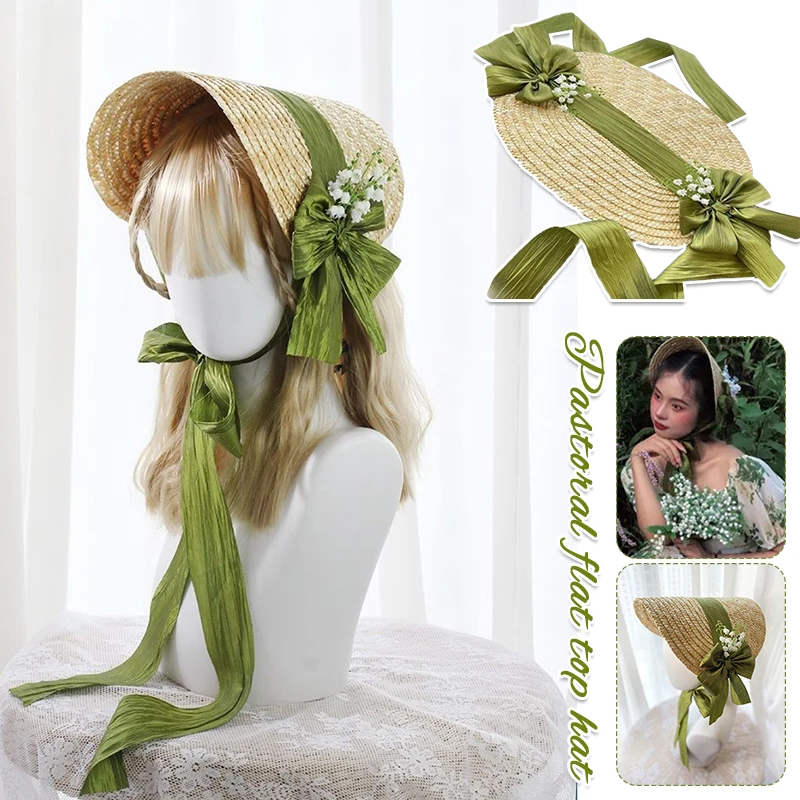 Women Victorian Wedding Tea Party Bonnet Handmade Lolita Retro Green Flower Bow Beach Sun Straw Weaving Hat French Pastoral Cap