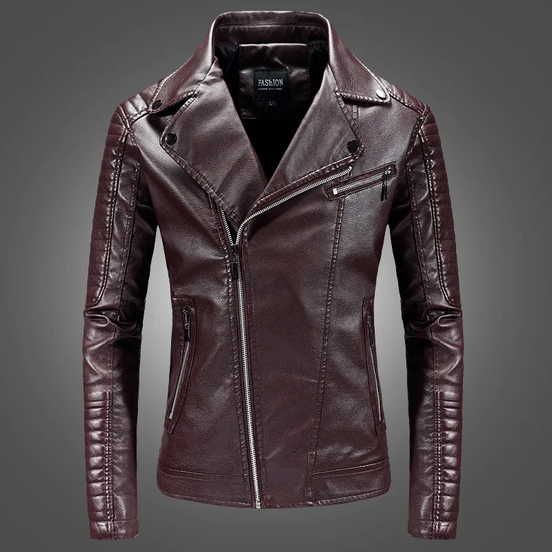 PU Jacket Men Motorcycle Biker Jackets Casual Fashion PU Coat Male Diagonal Zipper Turndown Collar Coat Outerwear