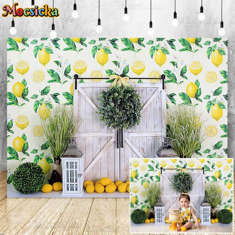 Lemon Farm Themed Cake Smash Photography Background Green Plant Retro Wood Wall Fruit Backdrop Newborn Kid Birthday Photo Studio