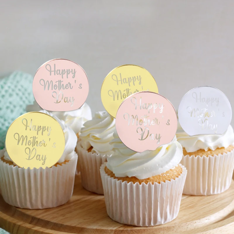 10pcs Cake Decorations Acrylic Round Cupcake Toppers Happy Mother`s Day Birthday Anniversary Ornaments Charms Cake Decoration