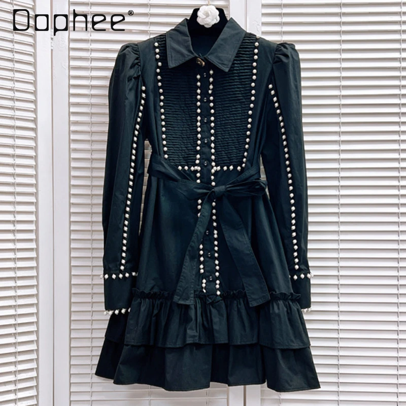 

Elegant Pure Cotton Shirt Dress for Women Spring New Women's Pearl Trim Long Puff Sleeve Breasted Waist Black Mid-length Dresses