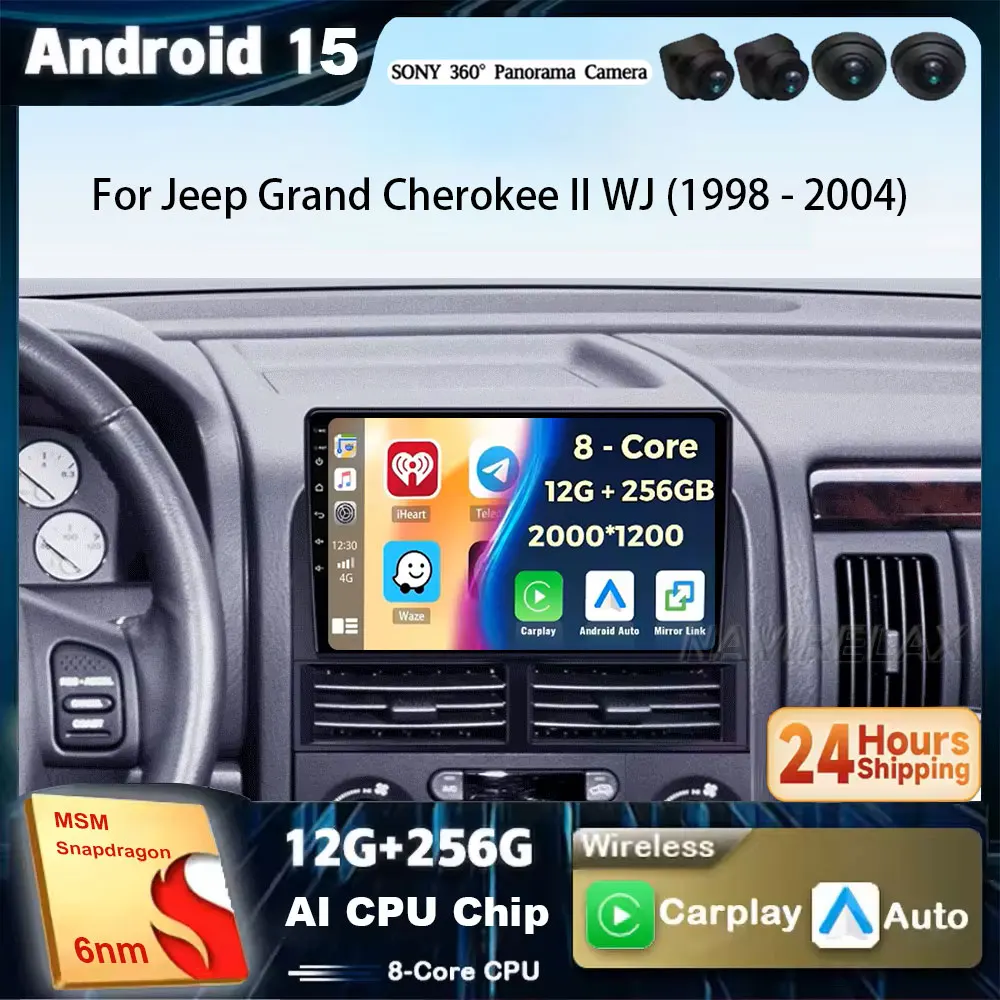 

Android 15 Carplay Auto Car Radio For Jeep Grand Cherokee II WJ 1998 - 2004 Navigation GPS Multimedia Player Stereo WIFI+4G 2DIN