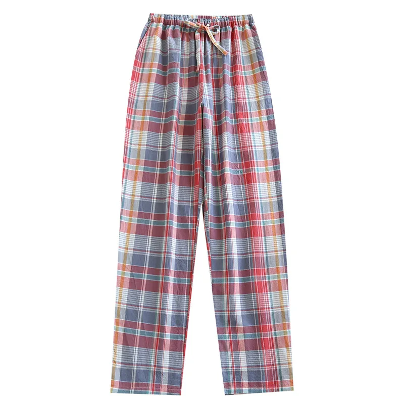 Washed Cotton Leisure Plaid Ladies Pajamas Pants Cotton Thin Plus Size Home Shorts Elastic Waist Plaid Sleep Bottoms Lounge Wear