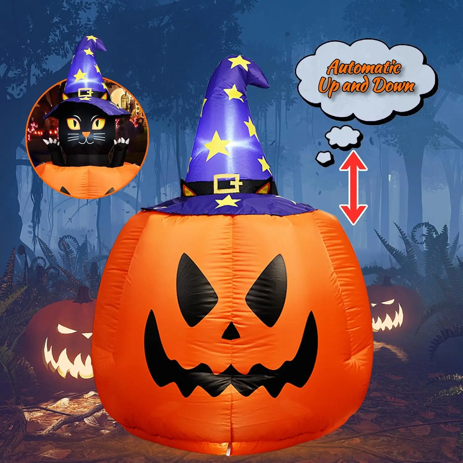 Halloween Inflatable Animated Witch Cat in Pumpkin, 5.3 FT Blow Up Yard Decoration with Built-in LED Lights, Lighted Holiday Decor for Indoor Outdoor Lawn Garden Party