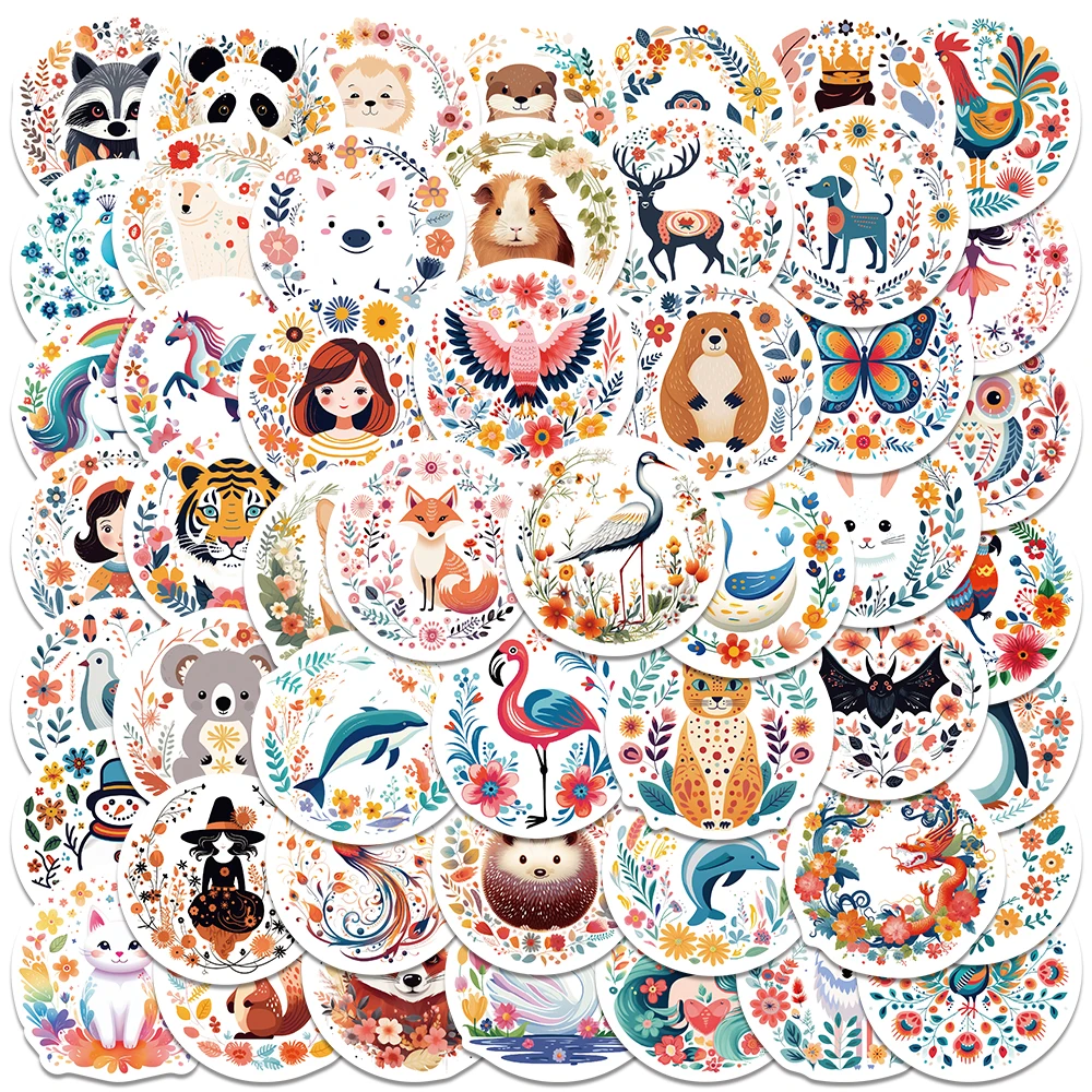 

50pcs Cute Cartoon Colorful Plants Animals Aesthetic Stickers For Laptop Water Bottle Luggage Diary Waterproof Graffiti Decals