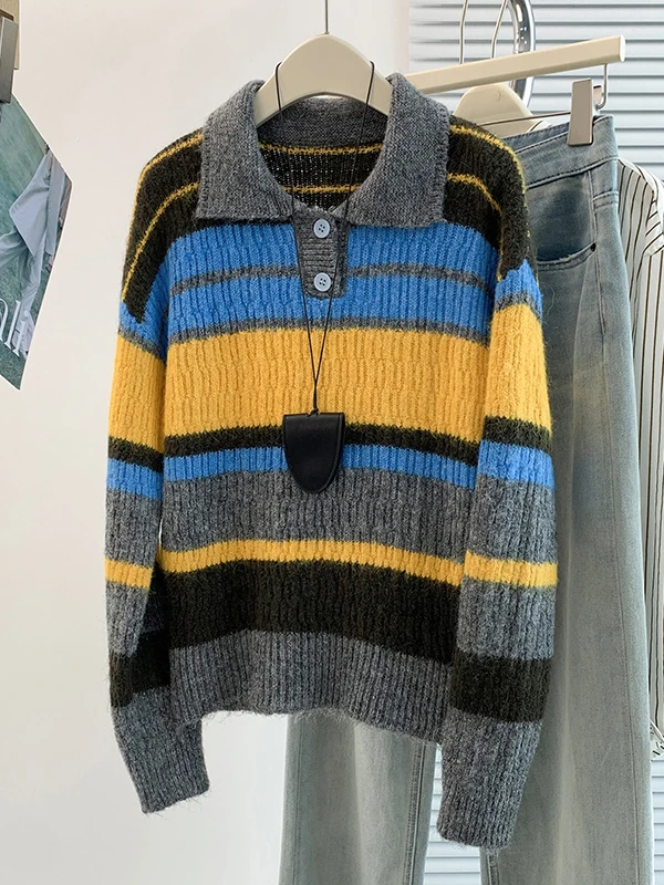 Korean Style Color Block Striped Half Open Collar Pullover Knitted Sweater Coat Women's Autumn Winter New Arrival Loose Fit